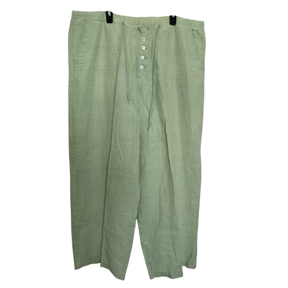 Chadwicks Women's 12P Green 100% Linen Pants Elastic Drawstring w/Button Fly